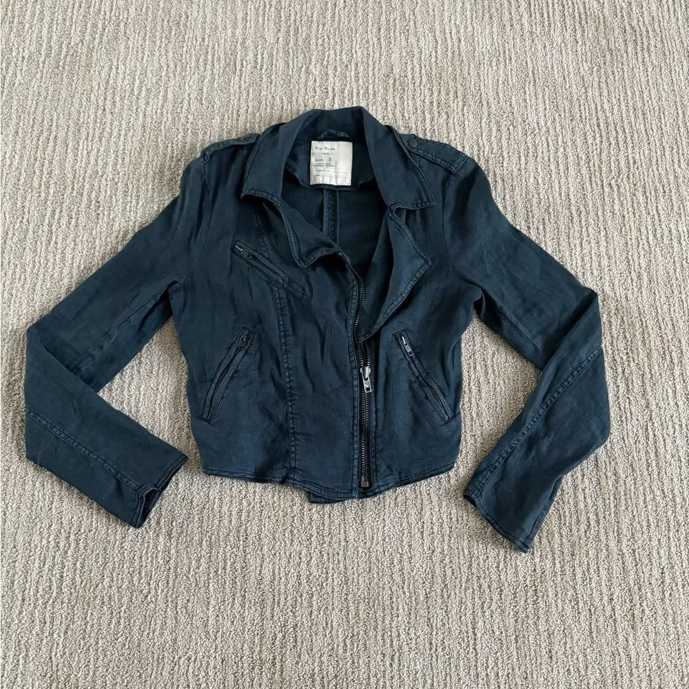 Free People Charcoal Cropped Biker Jacket - Picture 1 of 4